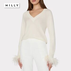 MILLY Feather Cuff V-Neck Sweater In Ecru Cream Size M Wool  Cashmere Pullover